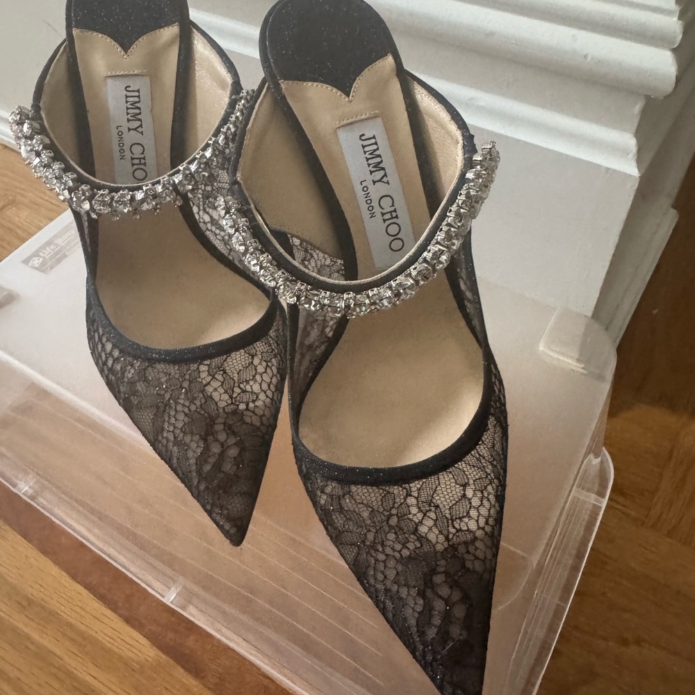 Jimmy Choo Bing 65 Black Lace Heels with Glitter Strap, Size 8, Never Worn